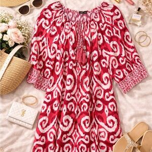 Mlle Gabrielle Pink Red Ikat Boho Tassel Dress Size L NWT